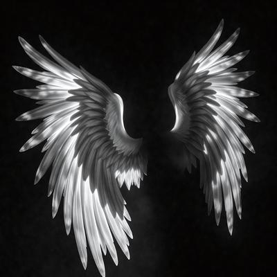 The primary subject of the image is a pair of white angel wings. The wings are prominently displayed against a dark background, which adds a dramatic and mysterious effect to the scene. The visual style of the image is a combination of photo and digital art, creating a realistic yet artistic representation of the angel wings. The colors and mood of the image are predominantly dark, with the white wings standing out as the focal point.